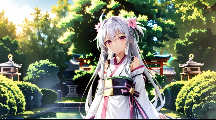 cute very little girl from fate kaleid liner has long silvery-white hair,pink eyes,wearing beads kimono and very long skirt,bead...