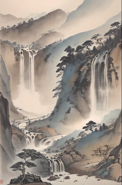 chinese landscape painting，ink and watercolor painting，the trees，vegetation，small waterfalls