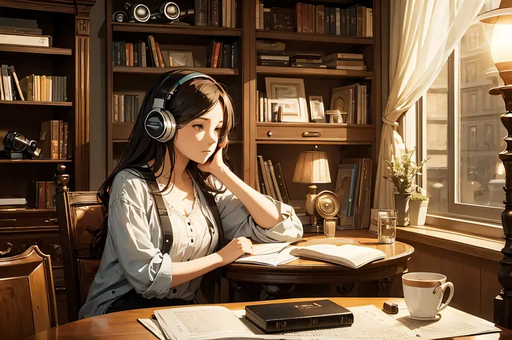 a woman sitting at a table with headphones on her ears and a bookcase in the background with a lamp on, artist, serial art, computer graphics, art station