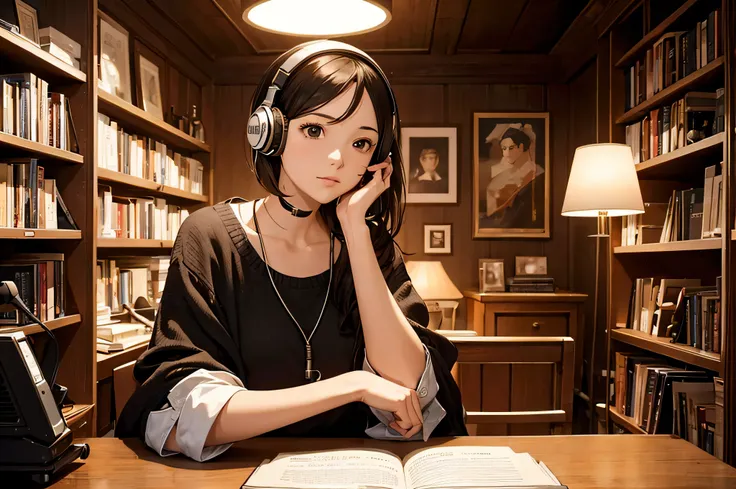 a woman sitting at a table with headphones on her ears and a bookcase in the background with a lamp on, artist, serial art, computer graphics, art station