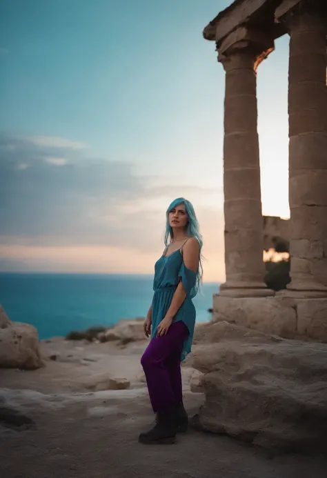 A beautiful young woman (1 girl) about 20 years old. Long light blue hair, straight hair, ((messy)) hair, ((bangs)) and big blue eyes. Turquoise tunic and purple tide pants. Leather boots. Greek templo ruins background at night, with a starry sky.