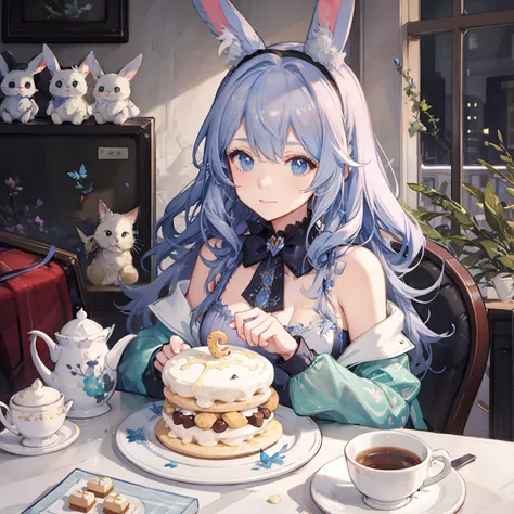 (Cute illustration:1.5), Surrounded by cute bunnies , Cute little girl with rabbit ears, Hair color is pink , Blue pastel color outfit、Hug a fluffy white rabbit、tea parties、a cake、 macaroons、donut、cookies、black tea、cute little、Cute 、Dolce、fluffly、Dolce、Pal...