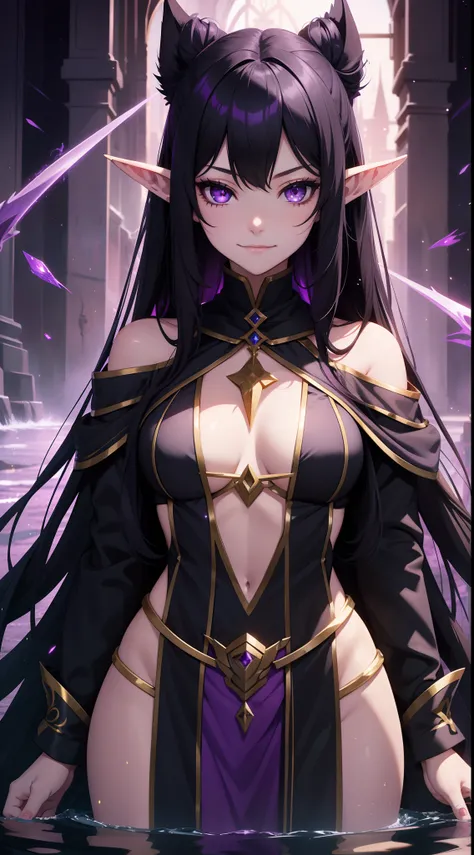 young girl, Long black hair, violet eyes, elf ears, smirk, Purple Sorcerer Form, Gold Elements, water magic, Masterpiece, hiquality, 4k, HD, Good detail