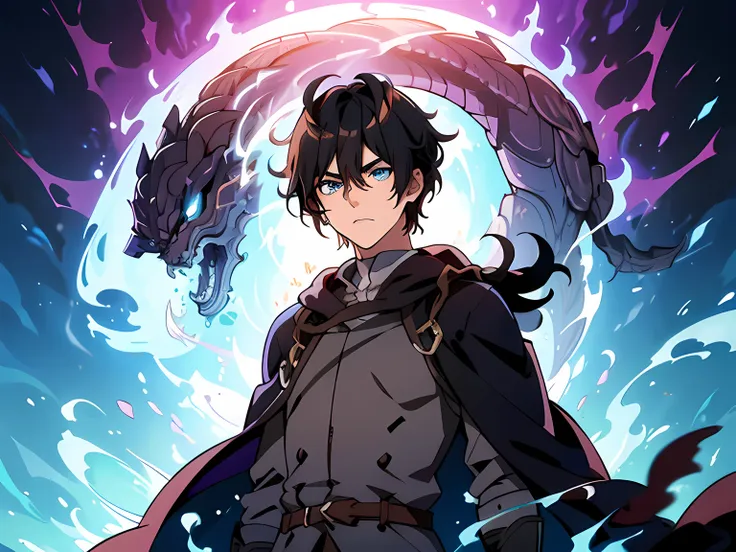 masterpiece, In a world where magic and technology exist side by side, a young man (black hair, short hair) sets out on a journey to hone their skills and uncover the secrets of their powers, beautiful eyes finely detailed, angry facial expression. Along t...