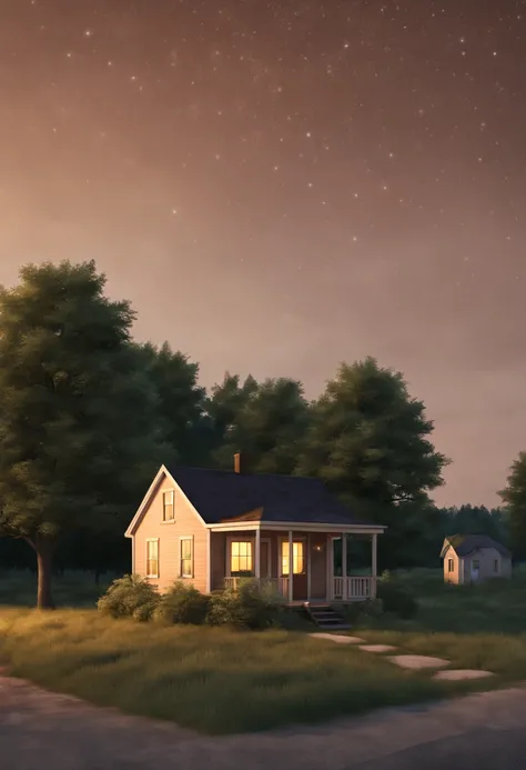 very small house on the outskirts of a small township in the north of the usa, at the end of the street, behind the house you can see the forest, summer, warm starry night. realistic, photorealistic, cinematic, soft colors