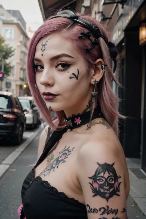 Goth girl with pink hair and face tattoo and mask for profile picture