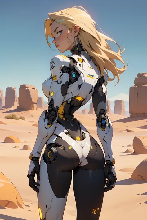 high quality, 4k, masterpiece, beautiful, cyborg girl, cowboy shot, dull eyes, back side, turning around to look at viewer, long blonde hair, girl, small breasts, fit thigh, robotic arms, robotic body, cyborg body, yellow accent, redaccent, intricate detai...