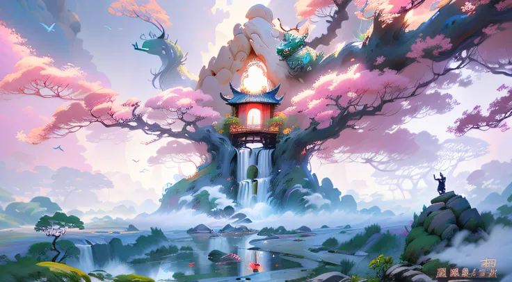 One painting a green tree，There are dragons and phoenixes soaring in the trees，Waterfall in the middle, wonderland，There is a Chinese-style city below, , Fantasy art style, made of tree and fantasy valley