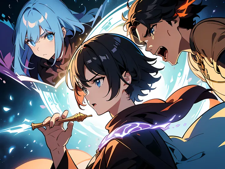 masterpiece, In a world where magic and technology exist side by side, a young man (black hair, short hair) sets out on a journey to hone their skills and uncover the secrets of their powers, beautiful eyes finely detailed, angry facial expression. Along t...