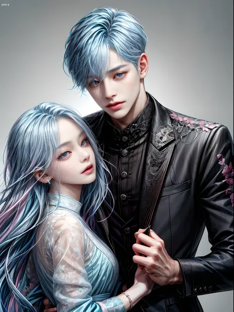 ((Male and female couples)), Idol Photos, Magazine covers, Photos of actors, Professional Photos, Height difference, tall male, Happiness, youthfulness, extra detailed face, detailed punk hair, very detailed character, inspired by Sim Sa-jeong, Cai Xukuns,...