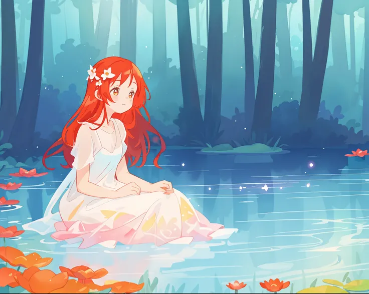 beautiful girl in white sitting in the water, long red hair, magical forest background, red water lilies in the water, beautiful lake of water, watercolor illustration, disney art style, glowing aura around her, glowing lights, beautiful digital illustrati...