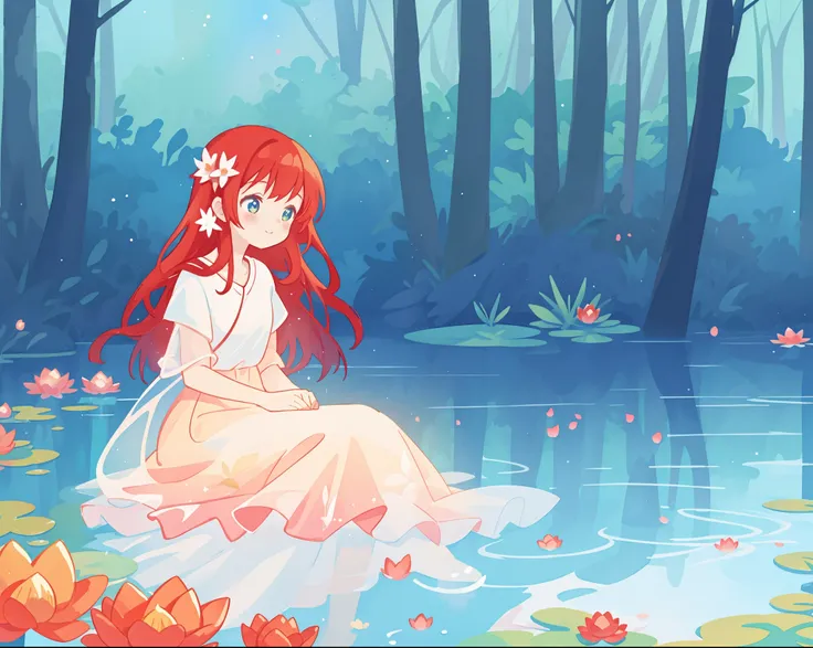 beautiful girl in white sitting in the water, long red hair, magical forest background, red water lilies in the water, beautiful lake of water, watercolor illustration, disney art style, glowing aura around her, glowing lights, beautiful digital illustrati...