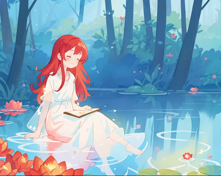 beautiful girl in white sitting in the water, long red hair, magical forest background, red water lilies in the water, beautiful lake of water, watercolor illustration, disney art style, glowing aura around her, glowing lights, beautiful digital illustrati...