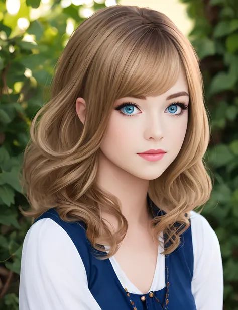 Disney pixar blonde hair blue eyes girl with hair parted in the middle and brown roots. Light makeup.