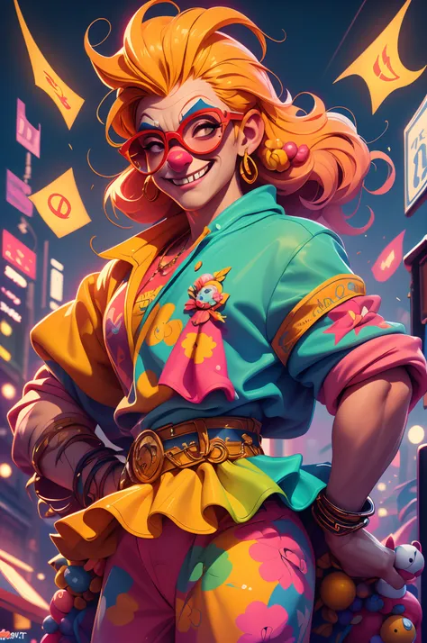 /Omib style clown, Illustrator, Masterpiece, High quality, 8K, A high resolution, High detail, smiley, Transparent sunglasses, Movie overlay, Vivid colors, Cool soft lighting, Chicago by night, wind blown, Greg Lutkoki style