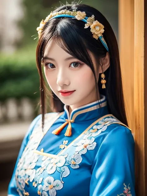 a close up of a woman in a blue dress posing for a picture, wearing a blue qipao dress, Cheongsam, in a blue qipao, Chinese dress, traditional chinese, Chinese style, traditional Chinese clothing, closeup - view, chinese costume, Chinese girl, Chinese Woma...