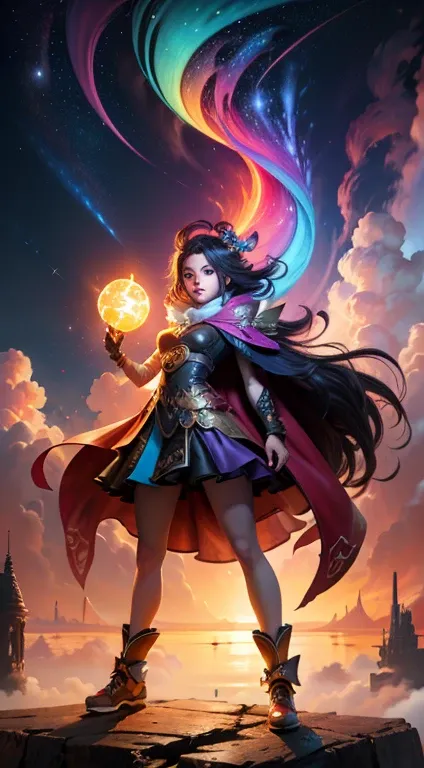 Girl standing in the clouds staring up as the stars, stars floating around her, brilliant colors, amazing swirls of cosmic dust, colorful vibrant, light particles, Create digital artwork in the Pop Art style, Featuring a vibrant and confident young Asian g...