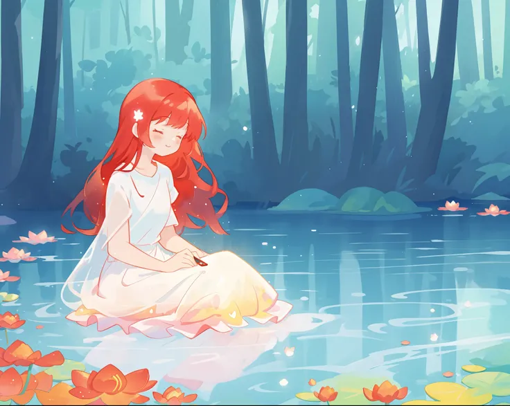 beautiful girl in white sitting in the water, long red hair, magical forest background, red water lilies in the water, beautiful lake of water, watercolor illustration, disney art style, glowing aura around her, glowing lights, beautiful digital illustrati...