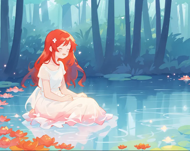 beautiful girl in white sitting in the water, long red hair, magical forest background, red water lilies in the water, beautiful lake of water, watercolor illustration, disney art style, glowing aura around her, glowing lights, beautiful digital illustrati...