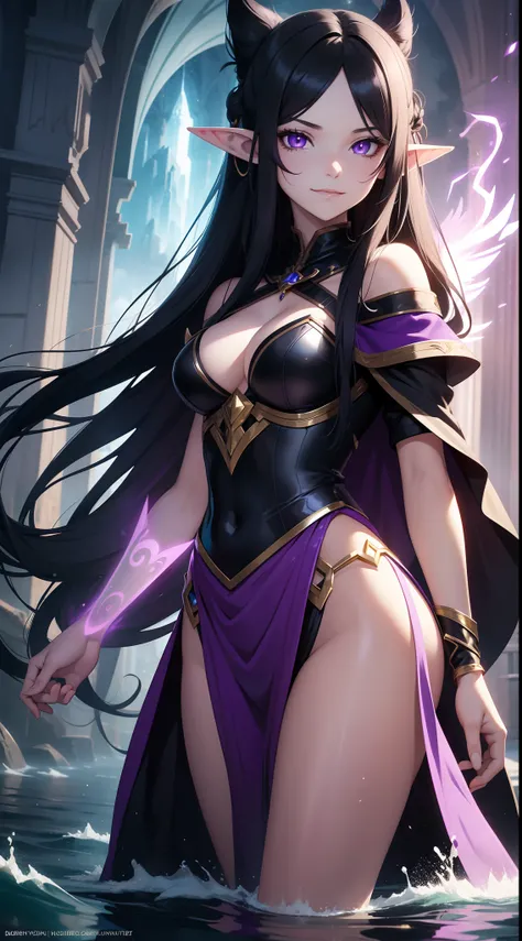 young girl, Long black hair, violet eyes, elf ears, smirk, Purple Sorcerer Form, Gold Elements, water magic, Masterpiece, hiquality, 4k, HD, Good detail