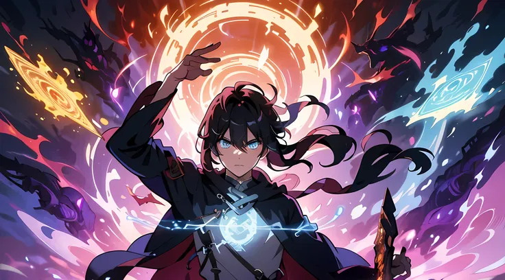 masterpiece, In a world where magic and technology exist side by side, a young man (black hair, short hair) sets out on a journey to hone their skills and uncover the secrets of their powers, beautiful eyes finely detailed, angry facial expression. Along t...