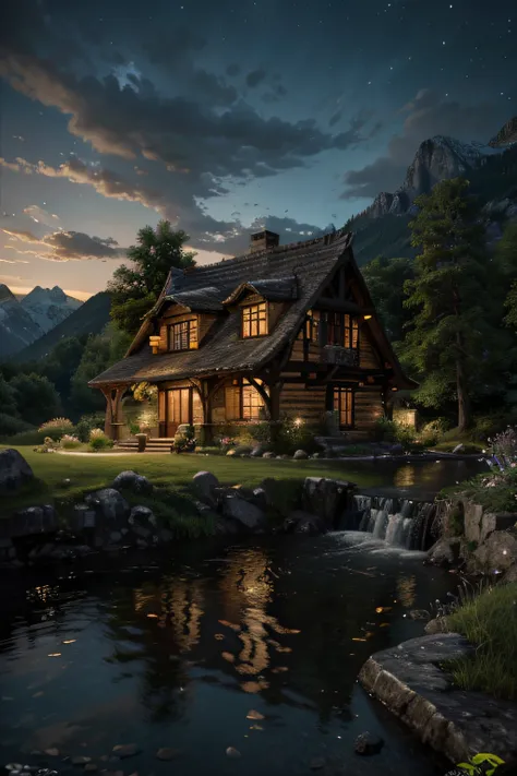 Best quality，16K Ultra Clear，the night，scenecy，Between mountains and rivers，Rural cottage，fanciful，Amazing plant growth，extremy detailed，realistic raytraicing，Epic composition，（Complicated details），（Complex design，Hyper-detailing：1.2），art  stations， （tmast...