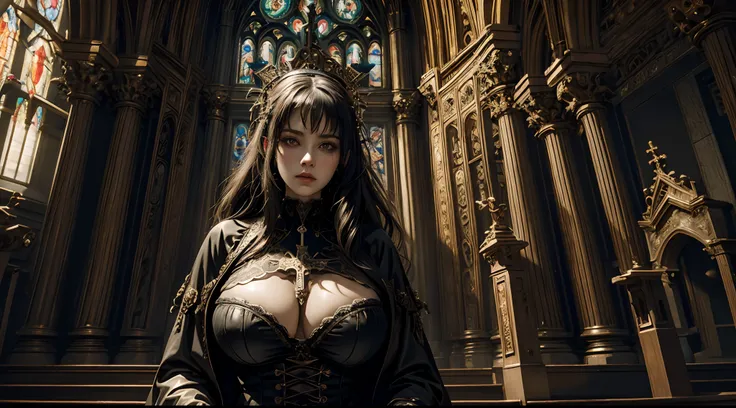 1个Giant Breast Girl，curate，Large breasts，Mid-range portrait，ornate decoration，A Gothic Church，complex patterns，crosses， hyper HD, 8K，dramatics，mystic symbols