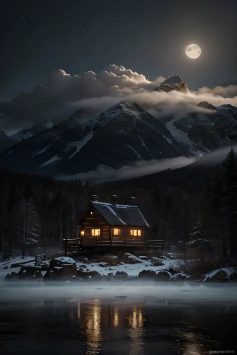 Best quality，16K Ultra Clear，the night，scenecy，Between mountains and rivers，surrounded by cloud、There is a small cabin in the distance，（Very detailed CG unity 8K wallpaper），Professional majestic oil painting，iintricate，high detal，sharp fokus，dramatics，Real...