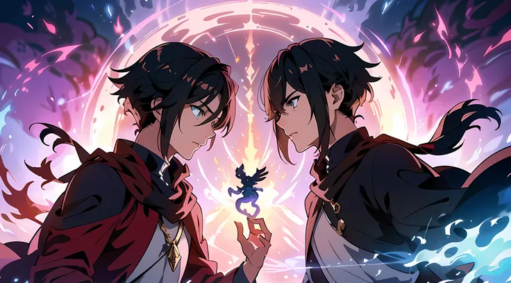 masterpiece, In a world where magic and technology exist side by side, a young man (black hair, short hair) sets out on a journey to hone their skills and uncover the secrets of their powers, beautiful eyes finely detailed, angry facial expression. Along t...