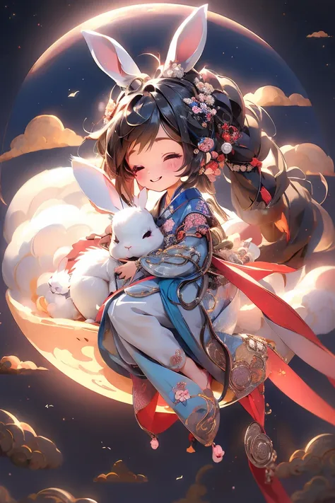 masterpiece,best quality, 1girlï¼chibi, smile, hanfuï¼rabbit, full moon, cloud