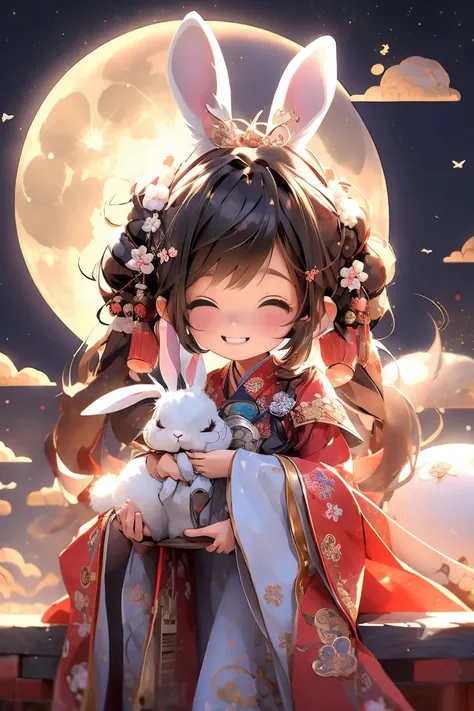 masterpiece,best quality, 1girlï¼chibi, smile, hanfuï¼rabbit, full moon, cloud