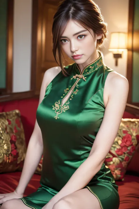 ((Night view, Realistic light, Best Quality, 8K, masutepiece: 1.3)), 1girl in, Beautiful woman with slim figure, Brown hair, Wearing an emerald green cheongsam, embroideries, Sleeveless, Sexy, Split End, Long legs, sofa, Super Detailed Face, Detailed eyes,...