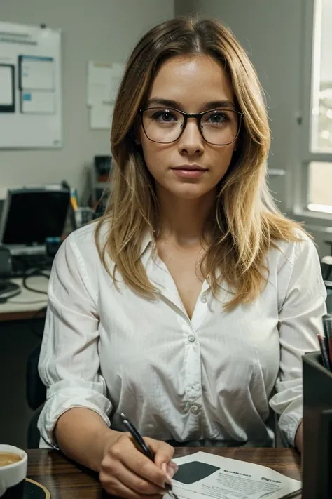 In the scene of a lighted office, A 35-year-old blonde woman is sitting at her desk, With a computer in front of you. Your face is focused and determined, Showing your dedication to the work. She is wearing stylish glasses that enhance her expressive eyes,...