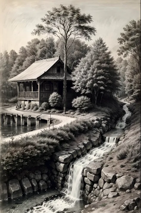 the original description is original，line drawings，small bridges，(the stream in the middle:1.5)，the trees，pavilion