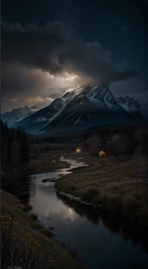 Best quality，16K Ultra Clear，the night，scenecy，Between mountains and rivers，surrounded by cloud、There is a small cabin in the distance，（Very detailed CG unity 8K wallpaper），Professional majestic oil painting，iintricate，high detal，sharp fokus，dramatics，Real...