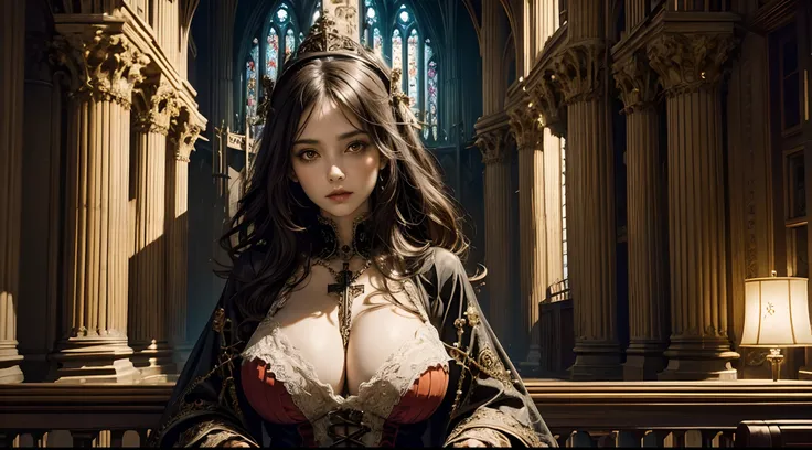 1个Giant Breast Girl，curate，Large breasts，Mid-range portrait，ornate decoration，A Gothic Church，complex patterns，crosses， hyper HD, 8K，dramatics，mystic symbols