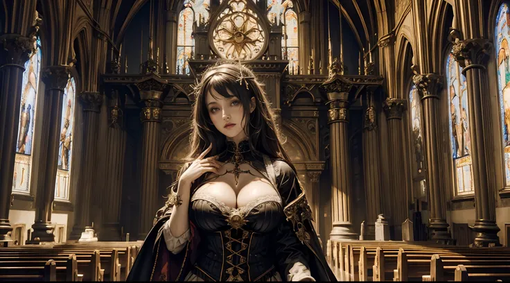 1个Giant Breast Girl，curate，Large breasts，Mid-range portrait，ornate decoration，A Gothic Church，complex patterns，crosses， hyper HD, 8K，dramatics，mystic symbols