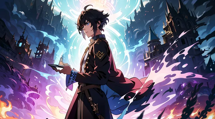 masterpiece, In a world where magic and technology exist side by side, a young man (black hair, short hair) sets out on a journey to hone their skills and uncover the secrets of their powers, beautiful eyes finely detailed, angry facial expression. Along t...