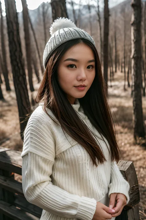 chinese young woman photo, sweaters for winter hiking, cabelos preto e longos, (highdetailskin:1.2), 8k  uhd, digital slr, soft ...