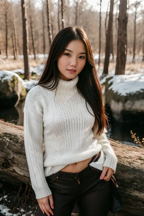 chinese young woman photo, sweaters for winter hiking, cabelos preto e longos, (highdetailskin:1.2), 8k  uhd, digital slr, soft ...