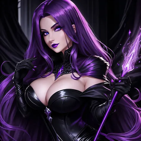 Noir painting of a sexy enchanting sorceress in black dress posing for a picture, flowing purple hair, lush purple lips, mesmerizing blue eyes, almond shaped eyes, highly detailed eyes, curvy, looking at viewer, coy smile, purple haired sorceress, young, b...