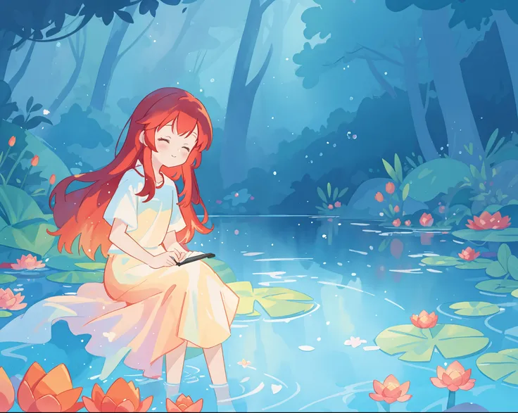 beautiful girl in white sitting in the water, long red hair, magical forest background, red water lilies in the water, beautiful lake of water, watercolor illustration, disney art style, glowing aura around her, glowing lights, beautiful digital illustrati...