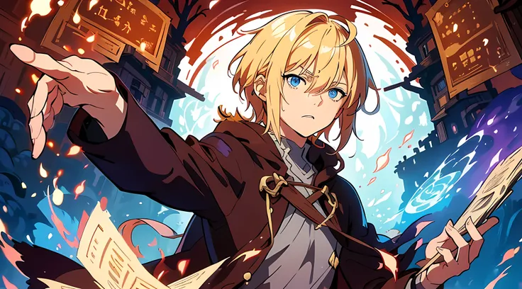 masterpiece, In a world where magic and technology exist side by side, a young man (blonde hair color, short hair) sets out on a journey to hone their skills and uncover the secrets of their powers, beautiful eyes finely detailed, angry facial expression. ...