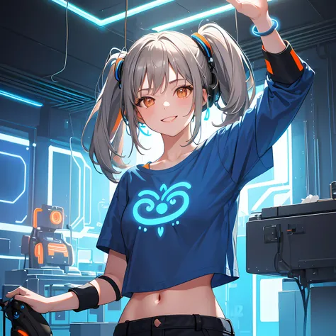 masterpiece, best quality, 1 girl, gray hair, (orange eyes), (blue t shirt), smile, indoors, (blue neon lights:1.4), midriff, upper body