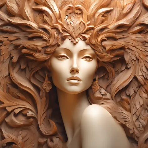 (best quality,ultra-detailed),(realistic:1.37),wooden texture,carved details,life-like pose,captivating eyes,detailed facial features,curly hair,artistic lighting and shadows,natural environment,peaceful garden setting,vibrant colors,fine craftsmanship,pro...