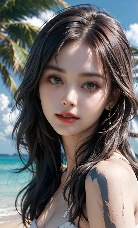 （RAW Photos：1.2），hightquality，Beautiful meticulous girl，sandbeach，beach side，coconut tree，above from，extremely detailed eye and face，beatiful detailed eyes，hugefilesize，hight resolution，8k wallpaper，Up to detail，Light on the Face，cinmatic lighting，16 year ...