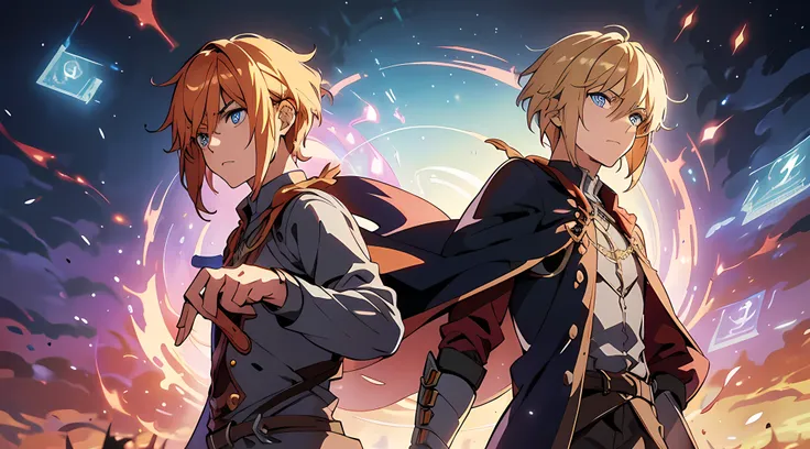 masterpiece, In a world where magic and technology exist side by side, a young man (blonde hair color, short hair) sets out on a journey to hone their skills and uncover the secrets of their powers, beautiful eyes finely detailed, angry facial expression. ...