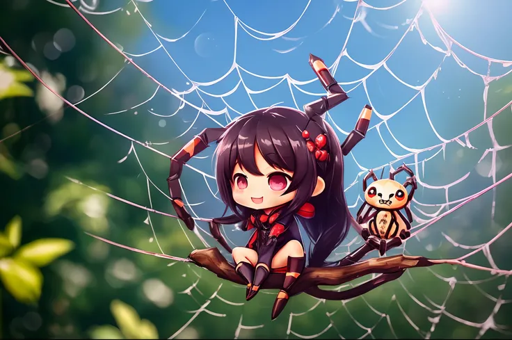 zhibi, chibi, animal spider, small spider, chibi spider, cute happy spider, sitting in a spiderweb