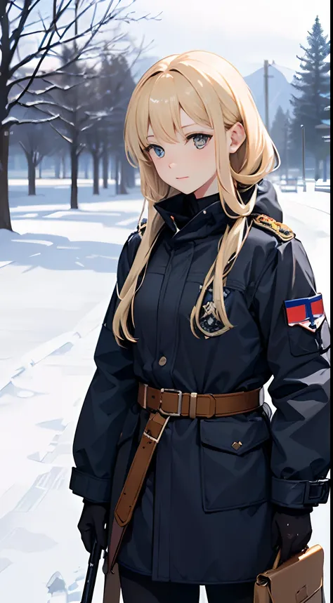 WW1, 1 girl, blond, white ushanka, in snow mountain, White winter coat, white BDU, holding 1 rifle, (best quality, high resolution, perfect quality), (looking afar), blizzard, {{{high detailed rifle}}}