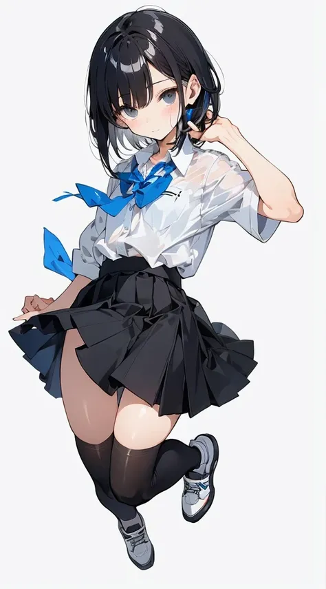 (Top quality illustrations:1.2)、(Cute little girl s:1.0)、(女の子1人:1.0)、(Short black hair:1.0)、(School Uniforms:1.0)、(full body Esbian:1.0)、(ultra-detailliert) 、17 age、If you have headphones、Jumping